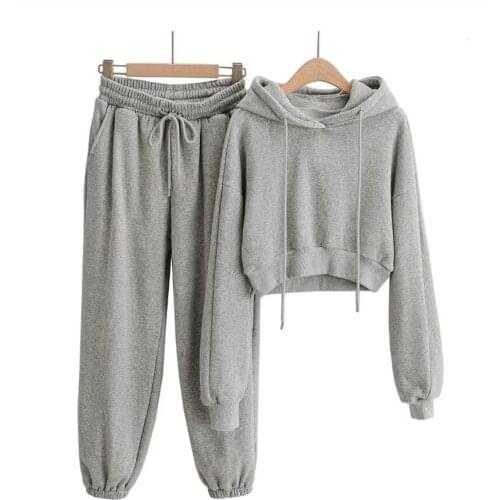 Womens Solid Casual Sets Warm Fleece Hoodies Elastic Waist Drawstring Pants Winter Basic Short Sweatshirts Suits Autumn