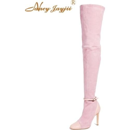Over The Knee High Boots Pink Winter Ladies Pointed Toe Thin Heels Short Plush Zipper Fashion Novelty Party Shoes Woman