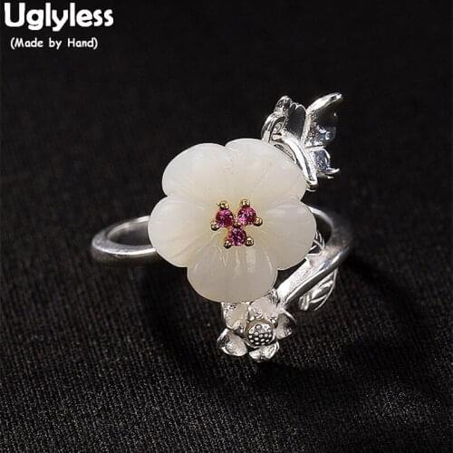 Uglyless Real Solid 925 Sterling Silver Handmade Flower Open Rings for Women Natural Jade Plum Blossom Finger Ring Fine Jewelry