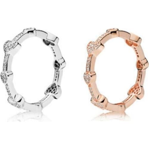 Fashion Real 925 Sterling Silver Rose Pave Hearts Band Pan Ring For Women Wedding Engagement Rings DropShipping
