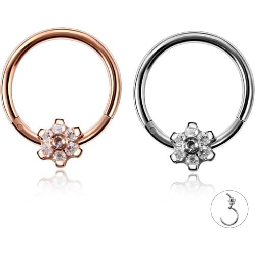 16G Stainless Steel Segment Hinged Rings Septum Clicker Piercing Crystal Flower Nose Earring Helix Piercing Ring Body Jewelry