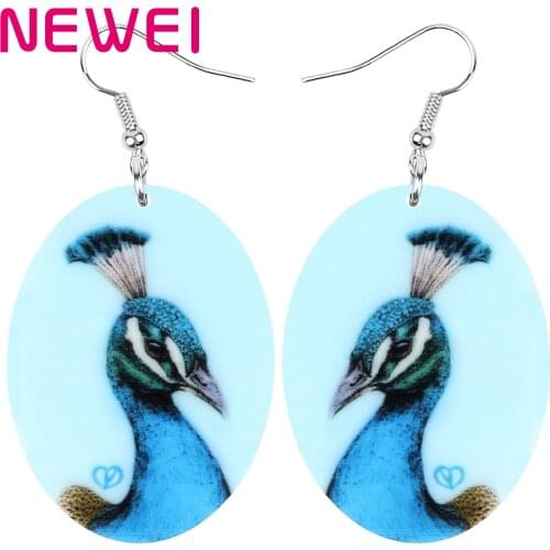 Newei Acrylic Oval Blue Peacock Peafowls Earrings Long Bird Animal Dangle Drop Jewelry For Women Kid Girl Novelty Gift Accessory
