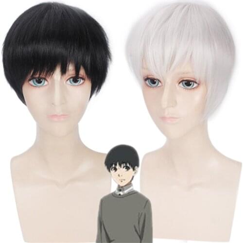 Cos Gift 30cm Anime Tokyo Ghoul Kaneki Ken Wig Cosplay Wigs Playing Short Silver White Black Hair Halloween 1:1 Wigs Cap