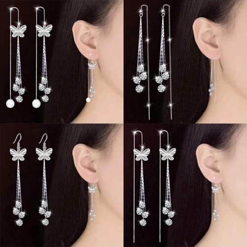 Elegant Shining Simulated-pearl Semi-precious Stones Tassel Earrings Sweet Cute Delicate Butterfly Eardrop Women Fashion Jewelry