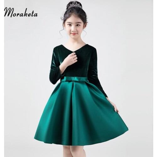 Elegant V-neck A-line Knee-length Green Satin Girls Evening Gowns With Sleeves 2019 New Little Girls Pageant Dresses