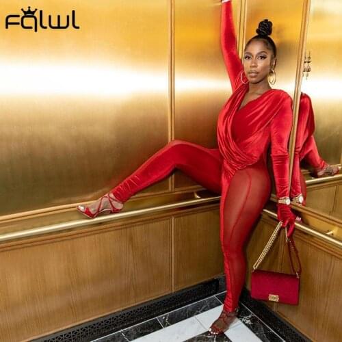 FQLWL Long Sleeve Velvet Jumpsuit Women Sexy See Through Jumpsuits 2021 One Piece Outfits Women Patchwork Mesh Bodycon Jumpsuit