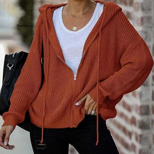 Knitted Hooded Sweat Cardigan Long Sleeve Ladies Sweater Jacket Autumn Clothes Zip Up Women Sweater Oversize Tricot Sweter Coat