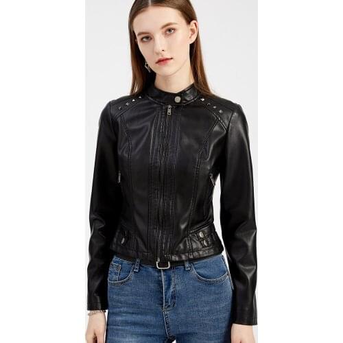 Womens Spring And Autumn Rivet Leather Jacket Womens Short Jacket Long-sleeved Jacket Thin Section Stand-up Collar Fashion