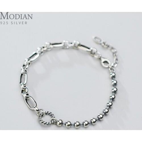 Modian Vintage Geometric Oval Light Beads Bracelet for Women Real 925 Sterling Silver Irregular Link Chain Bracelet Fine Jewelry