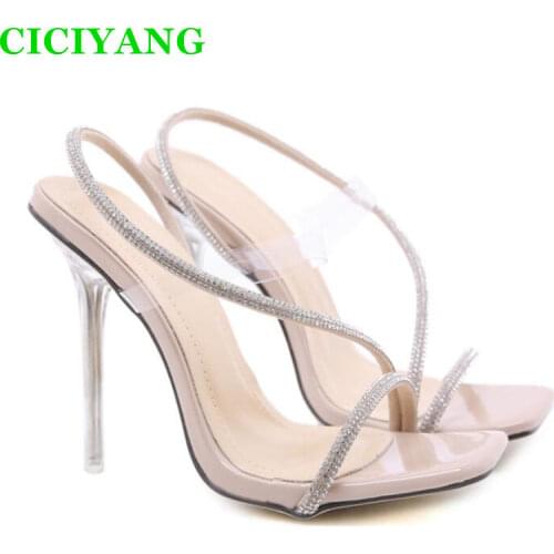 Size 34-41 Fashion High Heels Womens Sandals New 2021 Rhinestone Thin Heel Crystal Heel Square Head Thin Strap Open Toe Sandals
