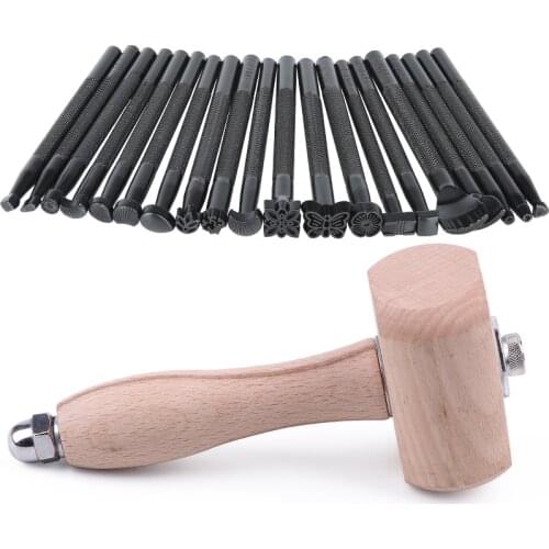 Imzay 21Pcs Leather Stamp Hammer Tools Kit DIY Handmade Saddle Stamping Set Carving Punching Patterns For Leathercraft Beginner