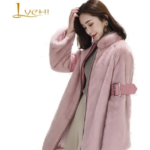 LVCHI Winter 2019 Womens Pure Pink Mink Coats Natural Fur Flare Sleeve Medium Mink Coat Full Pelt Insignia Slim Mink Fur Coats