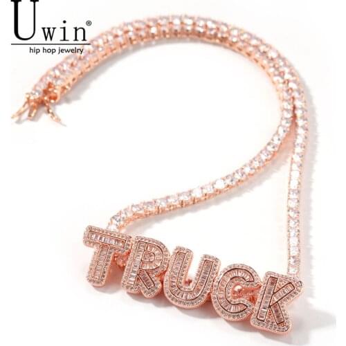 Uwin Name Necklace Baguette Letters With Tennis Chain Full Iced Out Zircon Pendant Gift HipHop Jewelry