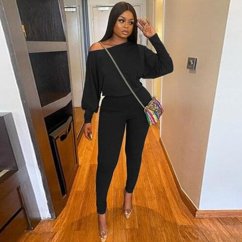Casual Sporty Two Piece Pant Suit Solid One Shoulder Long Sleeve T-shirt and Elastic Bodycon Legging Active Wear Club Outfits