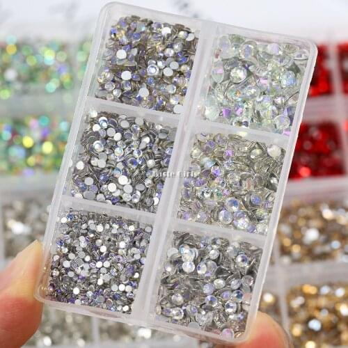 1 Box Crystal Nail Art Rhinestone Pearl White AB Clear All Color Flat Bottom Mixed Shape DIY Nail Art 3D Decoration In 6Cell Pot