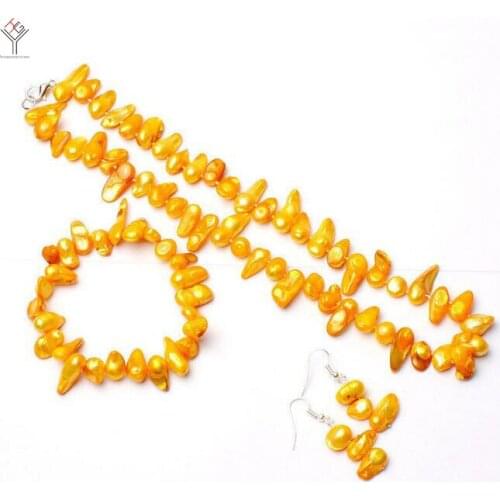 Wedding Women Jewelry set 8-15mm Bright orange baroque elongated pearl necklace bracelet hook Earring natural freshwater pearl