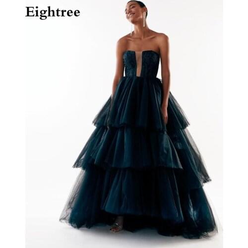 Eightree Navy Sleeveless Long Boat Neck Prom Dress Tulle Tiered Floor Length Prom Dresses Sexy Backless Pleated Bown Gown