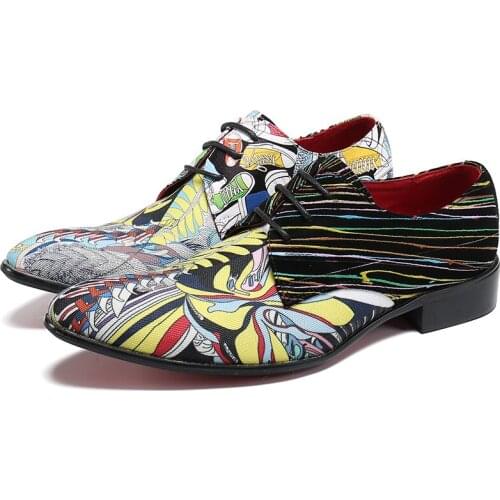 Trend Fashion Colorful Printed Mens Party Oxfords Shoes Large Size Pointed Toe Casual Leather Shoes Nightclub Prom Man Brogues