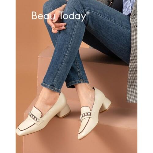 BeauToday Pump Shoes Women Genuine Cow Leather Square Toe Pearl Decoration Slip-On Ladies Mid Heel Shoes Handmade 15338
