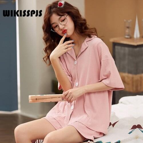 WIKISSPJS Summer Short Sleeve Pure Color Knitted Cotton Lapel Loose Can Wear Two Pieces of Home Clothes Pajamas for Teen Girls