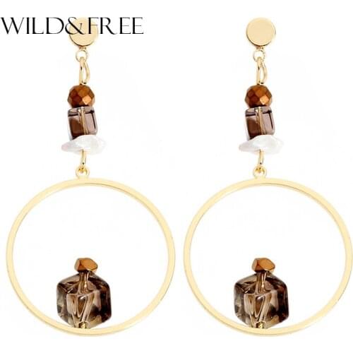 WILD & FREE Handmade Round Circle Pendant Dangle Earrings Gold Color Stone Statement Earring Women Fashion Jewelry Wholesale