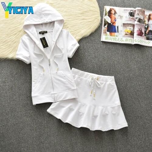 YICIYA summer short sleeve skirt suit womens cardigan hooded slim leisure sports large two piece set,met,tracksuit ,crop top