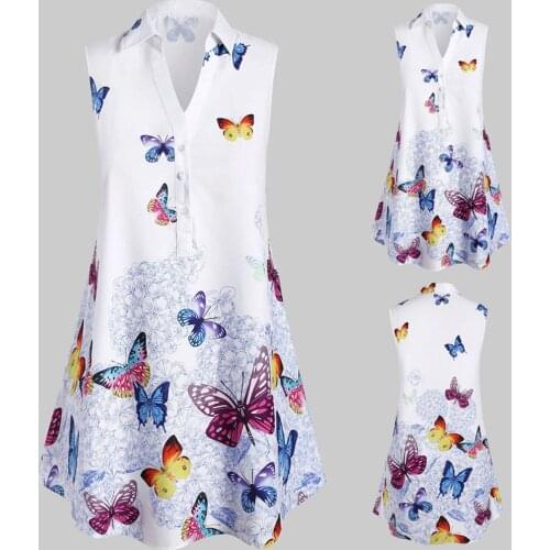 Summer Tops For Women 2020 Ladies Dresses Casual Plus Size Sleeveless Butterfly Print Top Dresses Office Wear Blusas Mujer #L12