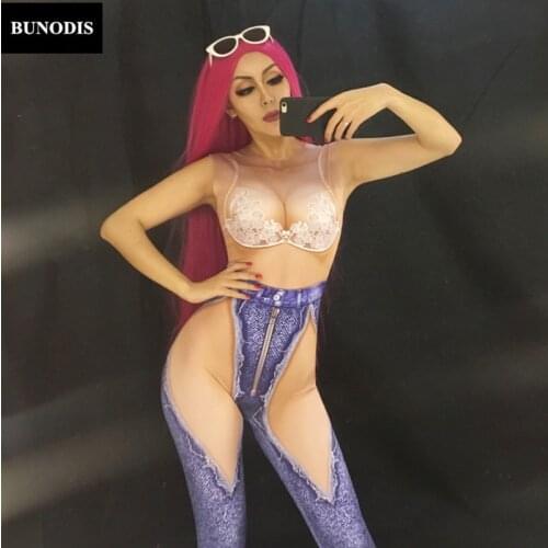 ZD145 Sexy Jeans Women Sleeveless Jumpsuit Half Naked 3D Printing Bra Stage Wear Dancer Singer Costume Nightclub Party Bodysuit