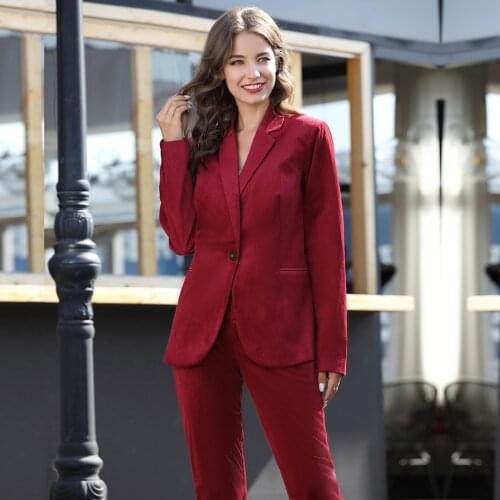 Women Blazer Set Outfit Classic Ladies Notch Lapels Corduroy PantSuit High Waist Stretchy Pants Suits with Wide Flare Leg