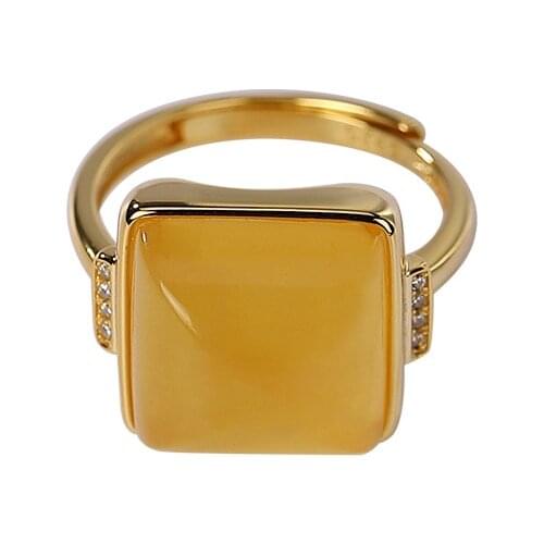 S925 sterling silver gold-plated natural amber ring retro simple national fashion womens square open ring