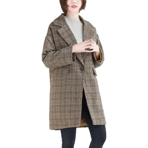 Coat female New Winter women Korean style Woolen coat Loose Thicken Cardigan Tops Long sleeve Plaid woolen coats Youth clothing