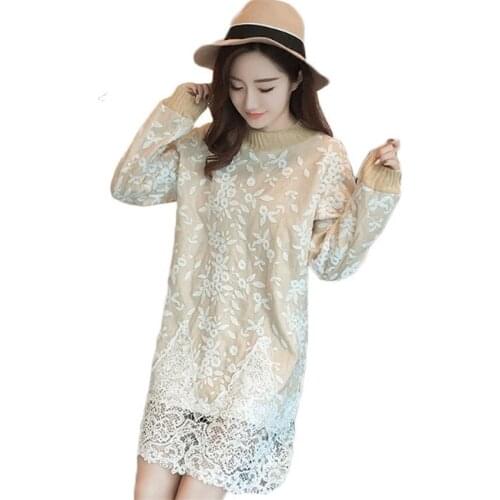 New Autumn Winter Fashion Women Lace Knitted Dress Slim Elegant Knit Sweater Dresses Lady Thick Velet Pullovers Bottoming WZ143