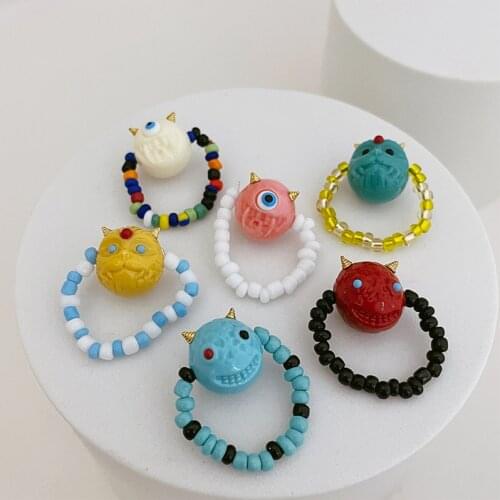 2021 Korean Version Of The New Cute Multicolor Little Monster Demon Woven Stretch Bead Ring For Women Girls Party Jewelry