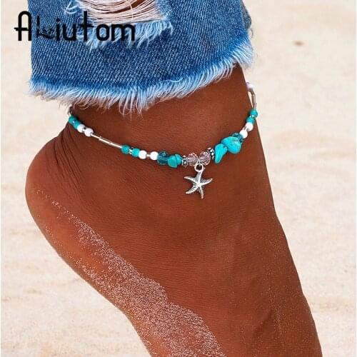 ALIUTOM Bohemian Starfish Beads Stone Anklets for Women BOHO Silver Color Chain Bracelet on Leg Beach Ankle Jewelry 2020 NEW