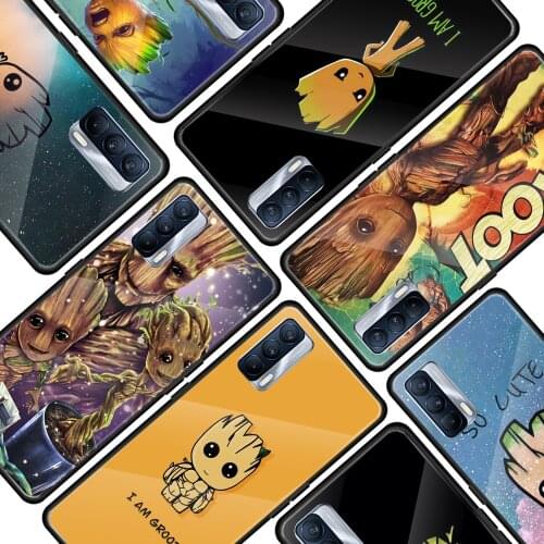 Marvel Groot Art for OPPO Realme 7i 7 6 5 Pro C3 XT A9 2020 A52 Find X2Lite Luxury Tempered Glass Phone Case Cover