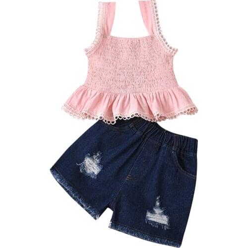 1-6Y Kids Girl Pink Summer Clothes Set Ruffled Buttom Vest Ripped Jean Shorts 2PCS Outfits детская одежда комплекты одежды