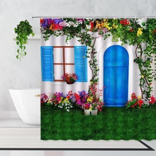 European Garden Landscape Shower Curtain Retro Street Flower Plants Home Decor Bath Curtains Set Waterproof With Hooks Washable