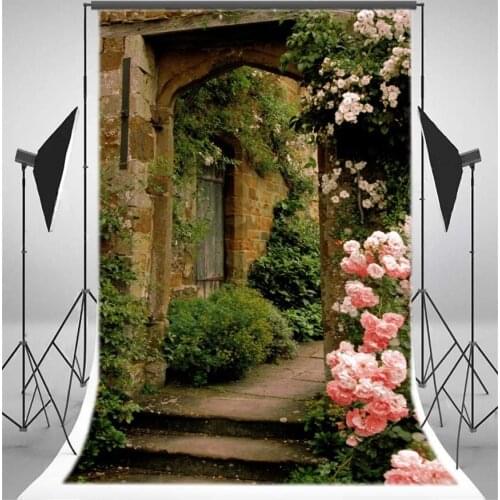 Photography Backdrop Weathered Brick House Green Vine Blooming Flowers Nature