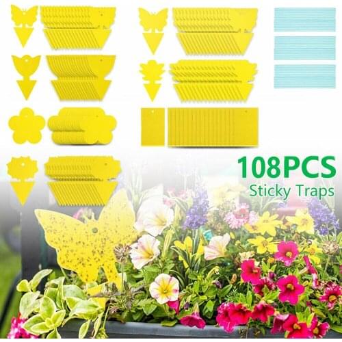 108Pcs Sticky Trap Fruit Gnat Trap Fly Fungus Killer Catcher Butterfly Flower Sticky Insect Boards Indoor Outdoor Pest Control
