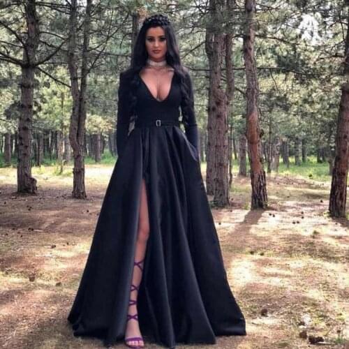 Simple Black Side Split Prom Dresses V Neck Full Sleeve with Belt Ruched Skirt Special Occasion Dress Satin Long Party Gowns