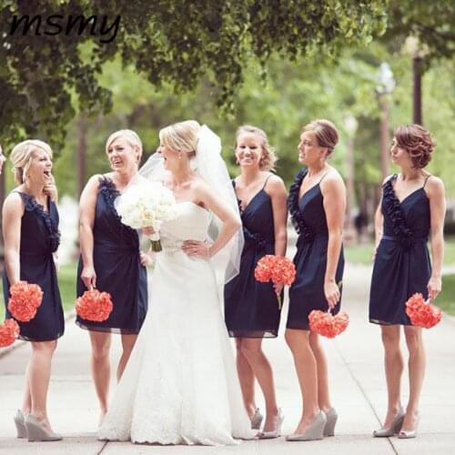 Simple A-Line Bridesmaid Dresses Chiffon V Neck Navy Blue Straps Ruffles Bridesmaid Dresses Party Prom Dresses Custom Made