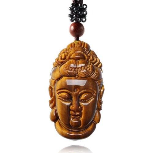 Drop ship Yellow Tigers Eye Pendant Hand carved Guanyin Head Pendant For Lucky Buddha Pendant Man Amulet Charm Jewelry
