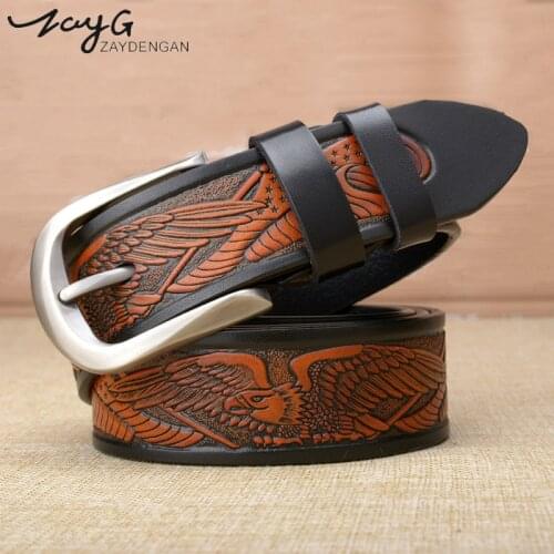 ZAY Designers Luxury Eagle Fashion Vintage Male Strap Brand Genuine Leather Belts for Men Punk Cowskin for Jeans Cintos Ceinture