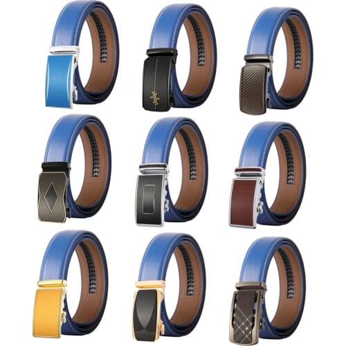 Sky Blue Leather Belt For Men Good Quality Mens Belts Automatic Buckle Ratchet Waist Straps Casual Leisure Wedding Gift B611