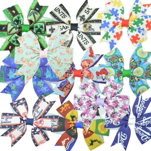 SUPWRF 1 PCS 3.1" Inch Cartoon Printed grosgrain ribbon Bows Clips Girls hair bow Headware Kids Hair Accessories T0929