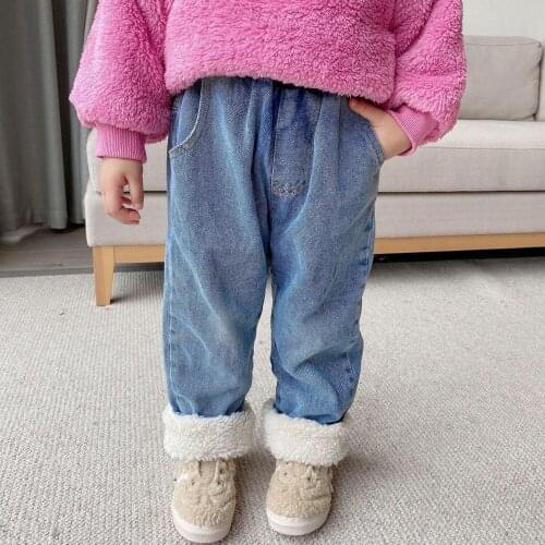 2 3 4 5 6 Y Toddler Girls Thicken Jeans Casual Solid Loose Kids Korean Jeans For Girl Kids Warm Plus Velvet Denim Pants Winter