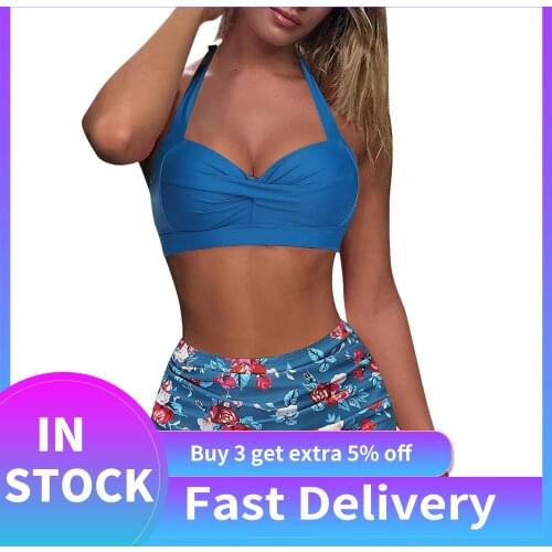 Vintage Swimsuit Womens Sexy Retro Halter Ruched High Waist Push Up Print Split Beach Bikini Set Swimwear Beachwear Set