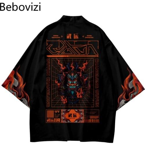 Japanese Samurai Style Sets Fashion Kimono Plus Size Beach Harajuku Men Women Black Cardigan Haori Obi Asian Clothes Pant Suit