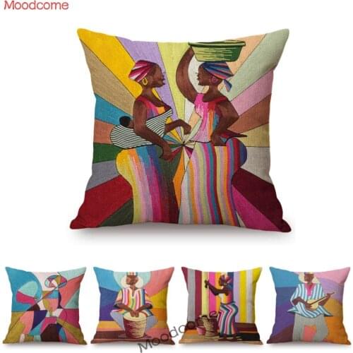 Colorful Pink African Woman Ghana Work Art Rainbow Cotton Linen Sofa Pillow Case Abstract Africa Impressionism Art Cushion Cover