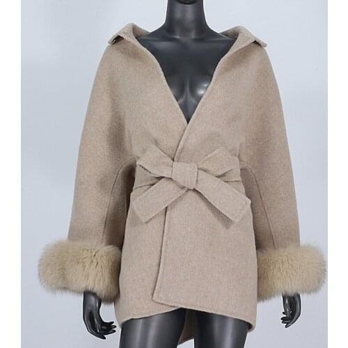 BLUENESSFAIR 2021 Real Fur Coat Winter Jacket Women Natural Fox Fur Cuffs Belt Cashmere Wool Woolen Loose Outerwear Streetwear